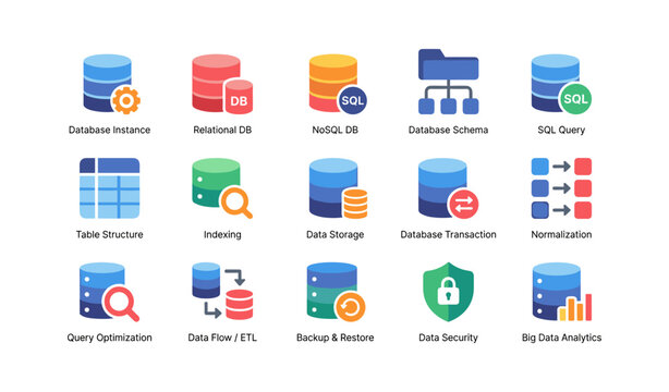 Database and data management icons in grid on white background