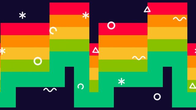 Animated blocky 1990s step wave stripes background featuring tetris style geometric lines and moving white doodle shapes for fun gaming events.