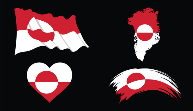 Greenland flag collection with map shape heart icon and waving banner set on black backdrop