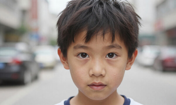 young asian boy messy black hair bright brown eyes looks camera mix curiosity mischief shallow depth