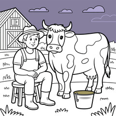 Farmer and cow illustration, farm animal coloring page with barn line art cartoon vector isolated black white design © Laila