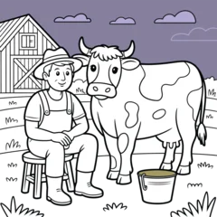 Gardinen Bauernhof Farmer and cow illustration, farm animal coloring page with barn line art cartoon vector isolated black white design  © Laila