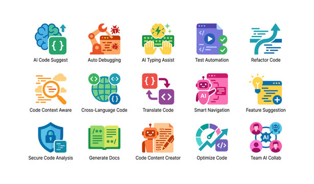 Colorful technology and startup icons arranged on white background