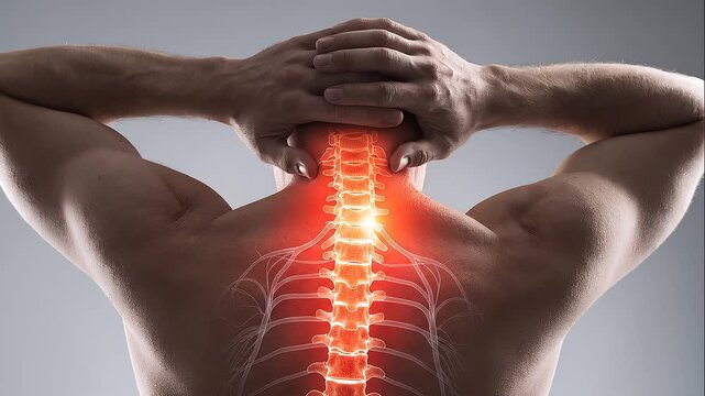 Shirtless Man From Behind Grabbing Neck With Both Hands Showing Glowing Orange Red Spine and Nerve Overlay on Upper Back Against Gray Background for Medical Health Concept