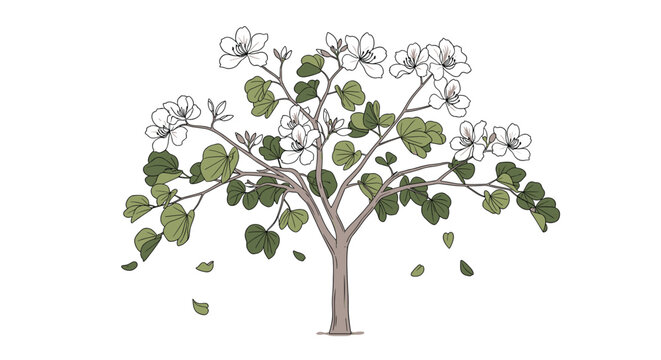 Beautiful flowering tree with large white blossoms and heart-shaped green leaves on brown branches for botanical studies.