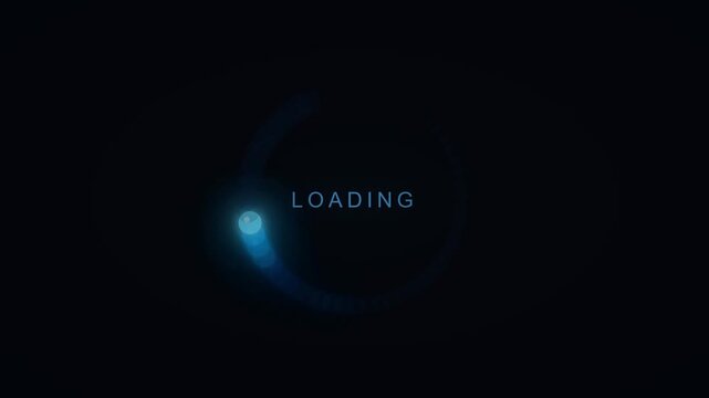 Futuristic loading screen animation, blue glowing progress bar circle on black background, digital data processing interface for technology apps