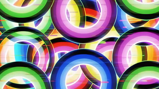 Starting sequence moving neon rings, pulsing and scaling in abstract frame, showing depth, scanline