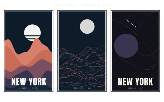 New York Poster Triptych Abstract Night Landscape Art Prints Set