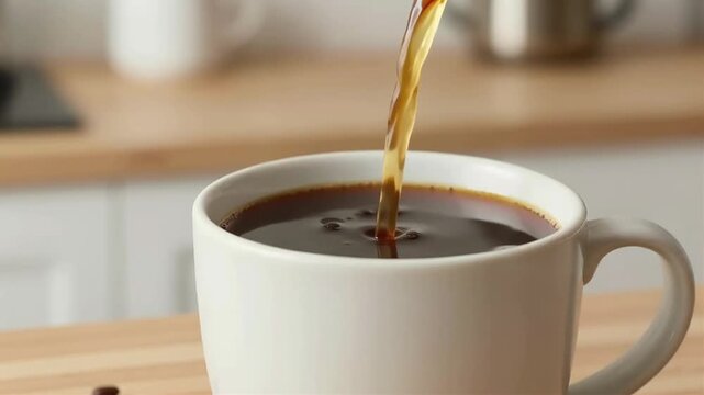 Three white mugs on a wooden table being filled with coffee in sequence.