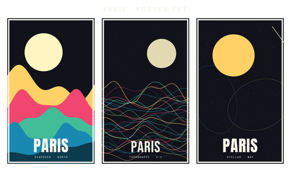 A set of three minimalist vector posters dedicated to Paris, featuring abstract night landscapes with full moons, colorful wavy hills, neon linear waves, and clean typography on a dark background.