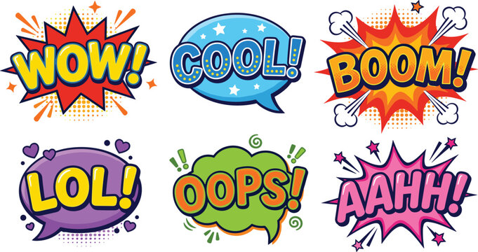 Set of colorful comic speech bubbles with expressive words for pop art style design