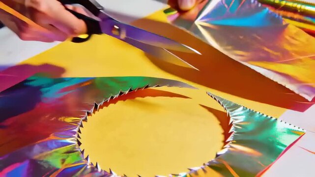 Holding holo foil, hands cutting sawtooth edge decorating yellow disc at craft table with scissors