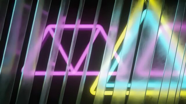 Sliding metal slats revealing stacked neon triangles in studio on cue for rhythmic reveal with haze
