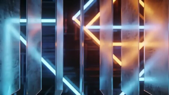 Shifting tall slats revealing cyan lines and orange shape in studio, camera move making glow