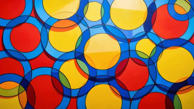 Frames advancing, circle composition shifting on panel, revealing blue rings, yellow and red fills