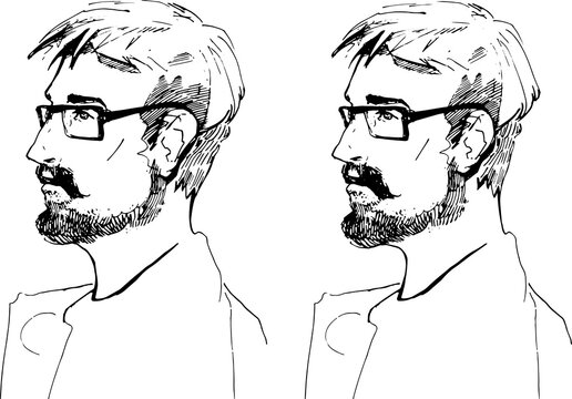 Bearded man portrait line art set male face profile with glasses minimalist contour illustration barber shop clipart stylish hipster character black outline sketch design realistic cartoon portrait