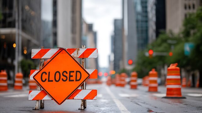 A bright orange 'CLOSED' sign on a construction barrier blocking a wet city street lined with traffic cones and tall buildings in the background.