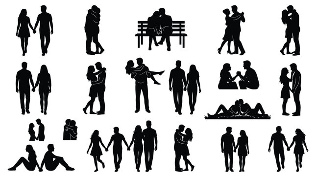 Collection of black silhouettes of couples hugging walking and standing in romantic positions.