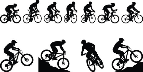 Obraz premium Set of black silhouettes featuring professional cyclists in action and mountain bikers navigating steep terrain isolated on white background