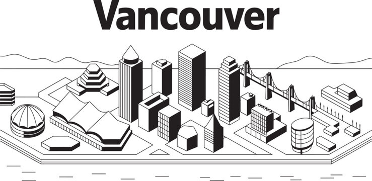 Vancouver city skyline isometric famous landmarks iconic buildings and lions gate in outline style