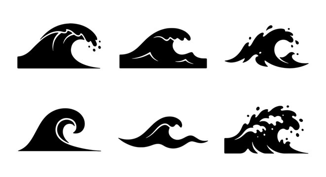Black Wave Icons Set, Ocean Water Swells, Sea Surf Graphics, Dynamic Marine Elements
