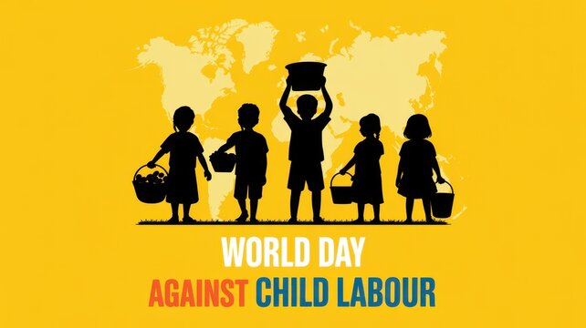 World Day Against Child Labour silhouette graphic with children and world map on yellow background