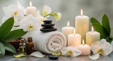 Serene spa setup with candles towels and orchids for relaxation