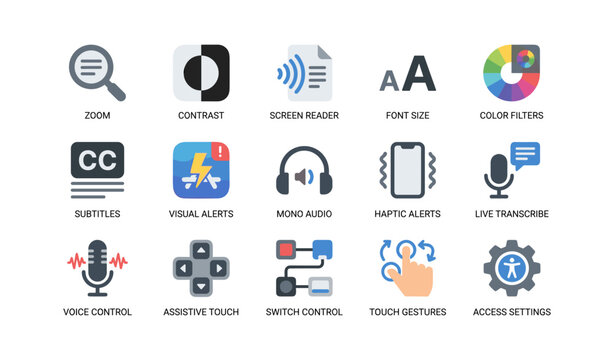 Accessibility icons illustrating features in grid layout