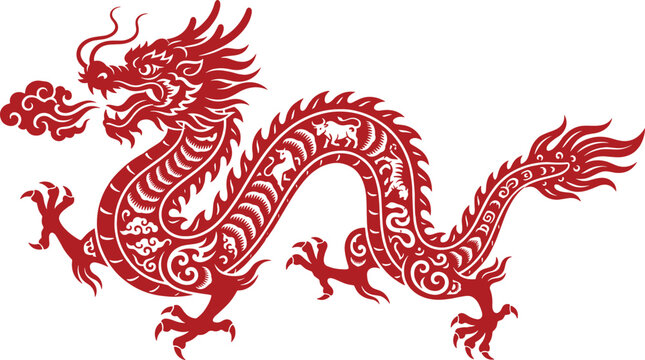 Traditional red chinese dragon illustration with intricate decorative pattern motifs