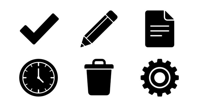 Black Vector Icons: Checkmark, Pencil, Document, Clock, Trash Can, Gear Set