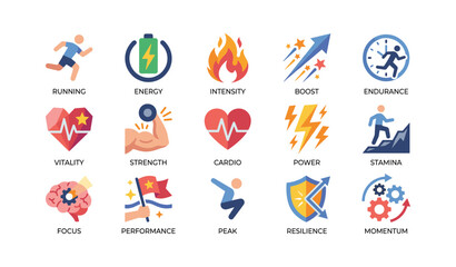 Fototapeta premium Fitness and performance icons depicting energy and endurance