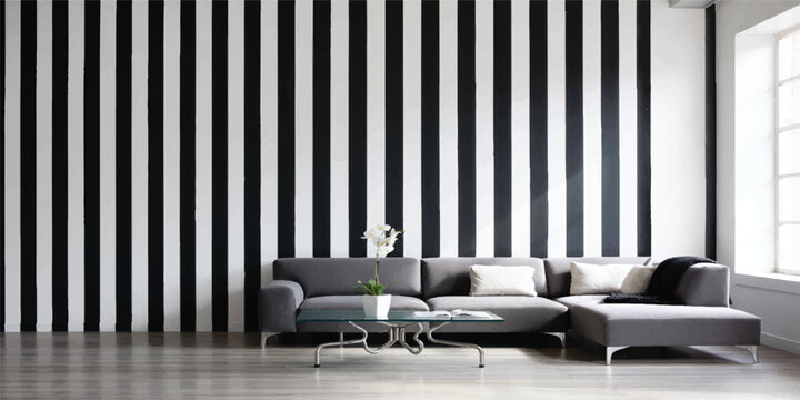 Modern living room with gray sectional sofa and black and white striped wall modern interior striped pattern interior design home decor