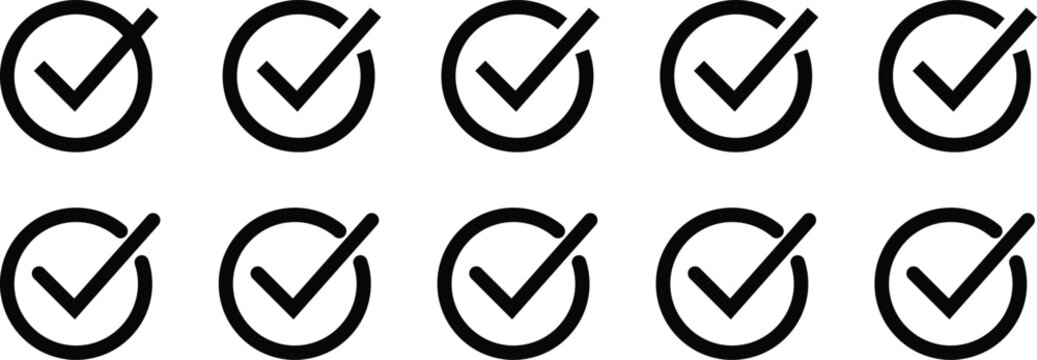 Ten black check mark arranged in two rows of five on a plain white background tick