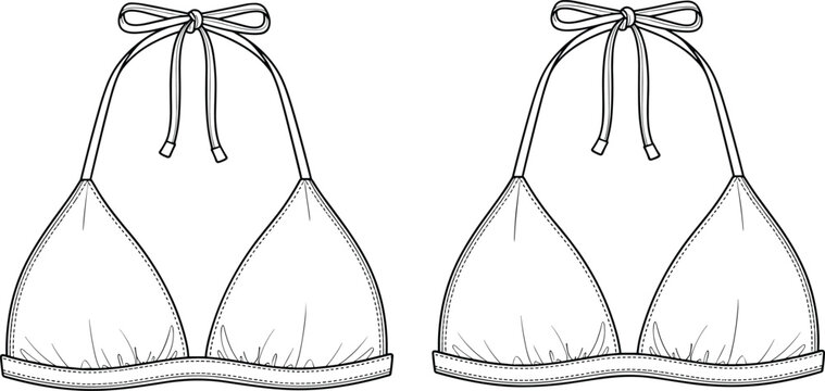 Minimal women bikini top front and back technical fashion template for swimwear apparel design illustration