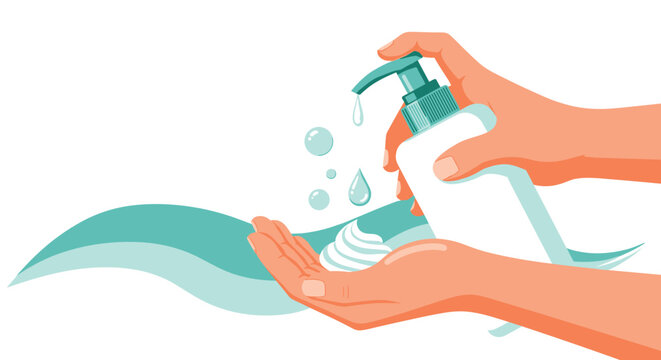 Hand hygiene routine showing hands pumping white liquid soap from a dispenser to create bubbles against a soft blue abstract wave background.