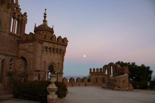 Castillo de Colomares castle Spain Neo gothic romanesque byzantine mudejar architecture costa del sol landmark historical classical sunset photo image png sky moon editorial photograph mediterranean