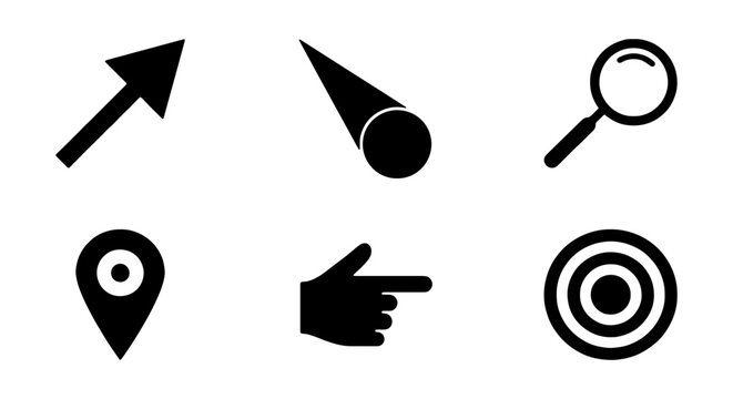 Directional Arrows, Magnifying Glass, Location Pin, Hand Pointer, Target Icons Set, Vector Graphic Elements