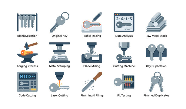 Key cutting and duplication process icons on white background