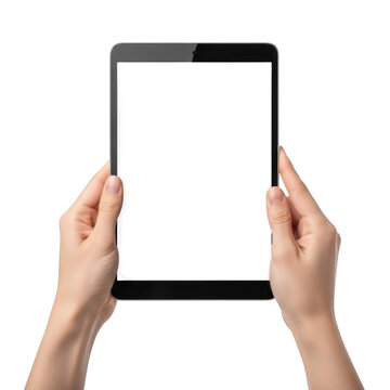 Two hands holding a blank tablet device for digital interaction
