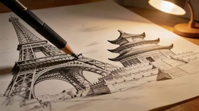 Entering pencil from top-left causing artist shading Eiffel Tower, pagoda sketch at desk for depth