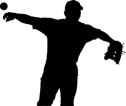 Baseball player throwing a ball in a dynamic pitching motion silhouette