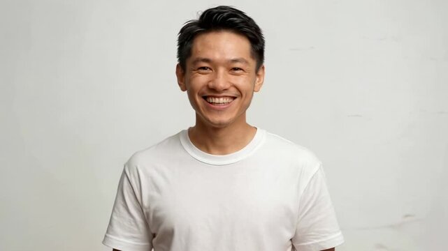 Joyful Asian Man Laughing and Gesturing