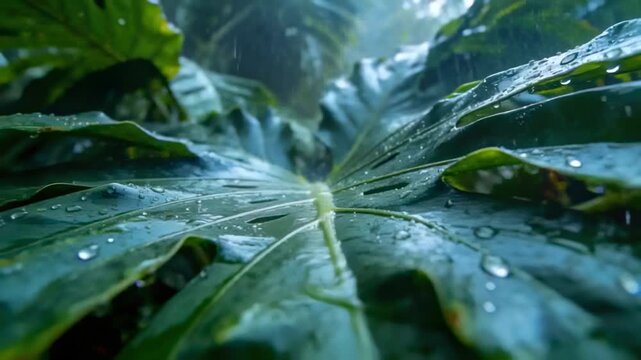 Showing large tropical leaf collecting rain, droplets forming rivulets along midrib in understory