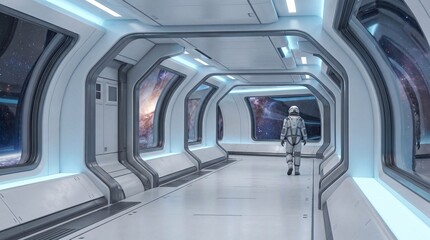 Obraz premium Astronaut walking down futuristic spaceship corridor with view of stars