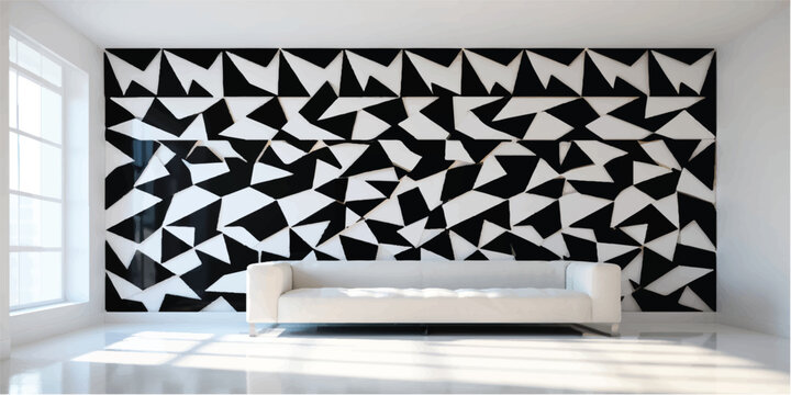 Modern living room with a white sofa against a large geometric black and white wall mural modern interior contemporary design bold pattern