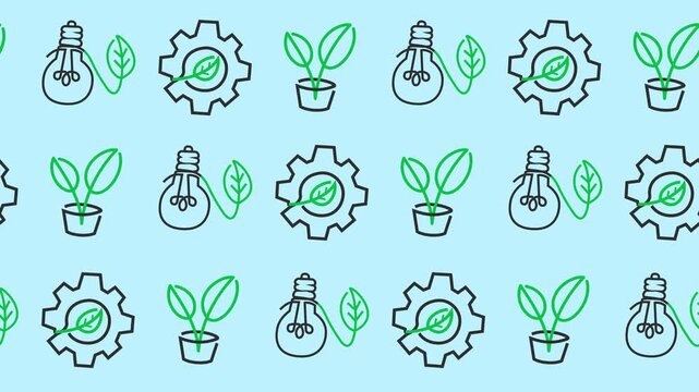 Seamless pattern with green energy and eco technology line art icons in a background animation. Minimal environmental sustainability wallpaper with green growth concept and renewable energy symbols.