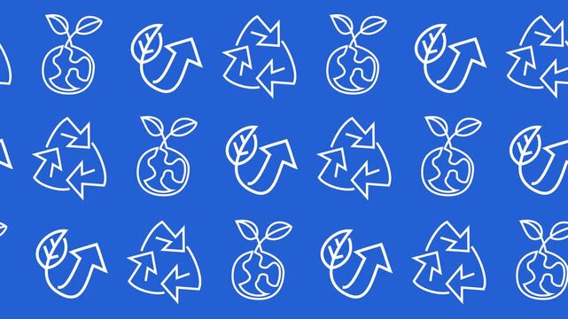 Seamless pattern with recycling and environmental sustainability line art icons in a background animation. Minimalist eco-friendly wallpaper with earth and growth symbols.