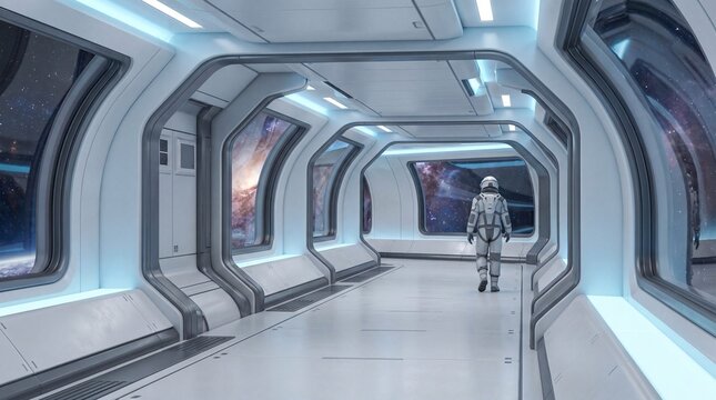 Astronaut walking down futuristic spaceship corridor with view of stars