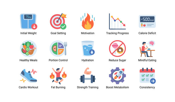 Health and fitness icons representing weight loss and workouts