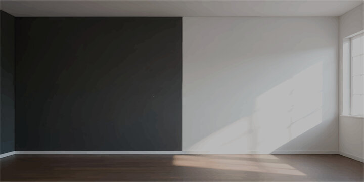 Modern room interior with a wall divided into dark gray and white sections natural light entering from a window residential interior space for text